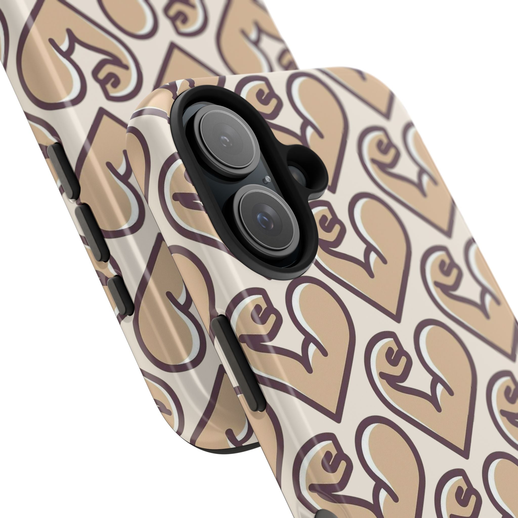 Beige Heart Pattern Tough Phone Case – Cute Retro Love Design, Protective iPhone Cover