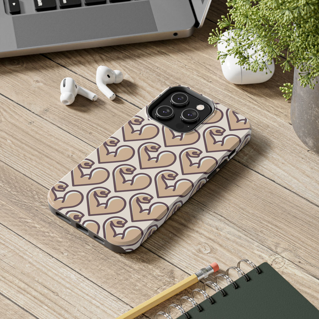 Beige Heart Pattern Tough Phone Case – Cute Retro Love Design, Protective iPhone Cover