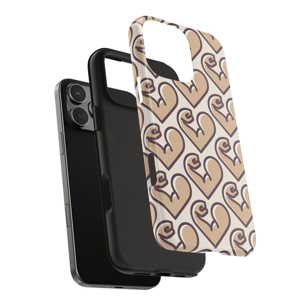 Beige Heart Pattern Tough Phone Case – Cute Retro Love Design, Protective iPhone Cover