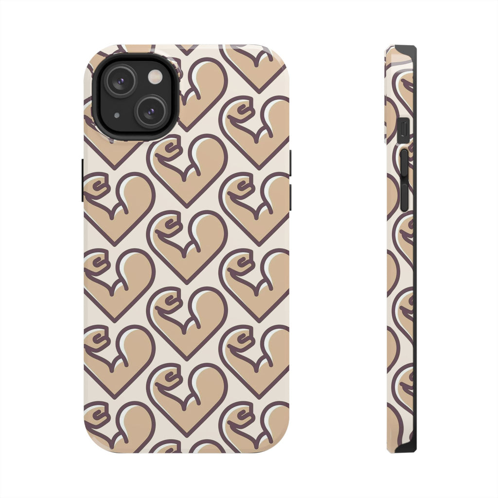 Beige Heart Pattern Tough Phone Case – Cute Retro Love Design, Protective iPhone Cover