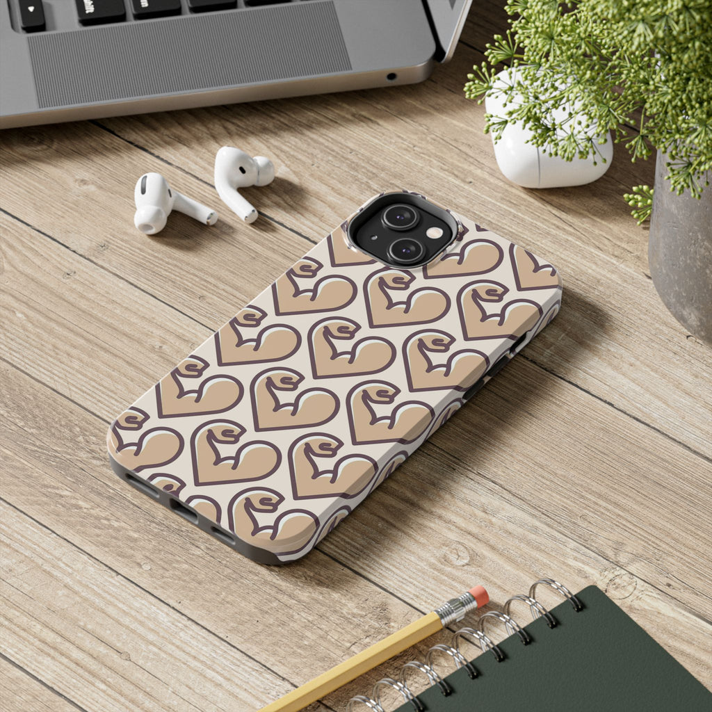 Beige Heart Pattern Tough Phone Case – Cute Retro Love Design, Protective iPhone Cover