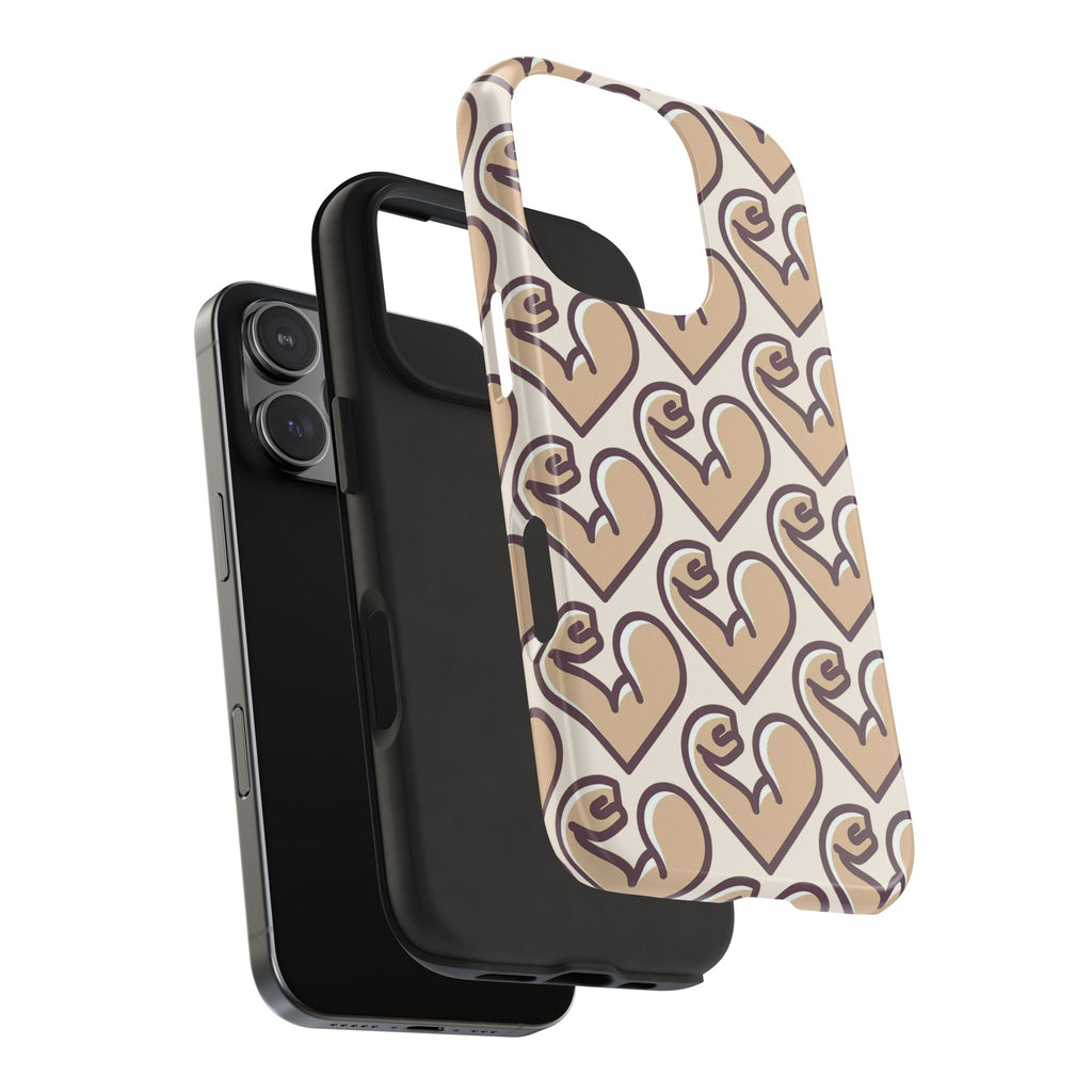 Beige Heart Pattern Tough Phone Case – Cute Retro Love Design, Protective iPhone Cover