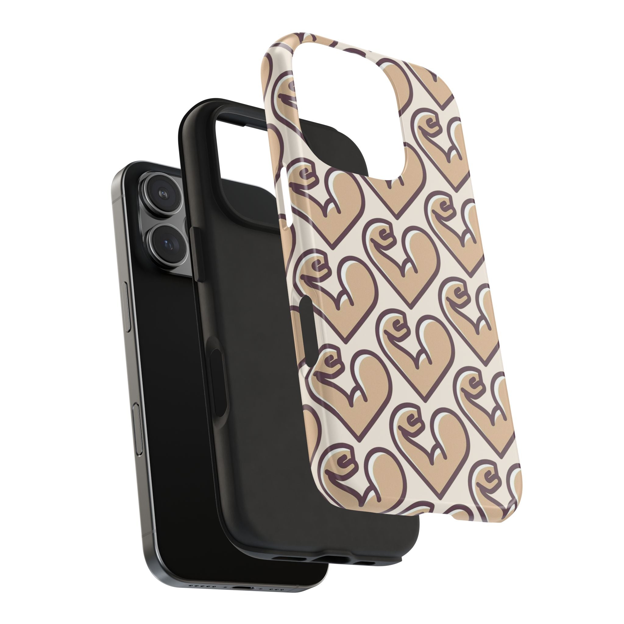 Beige Heart Pattern Tough Phone Case – Cute Retro Love Design, Protective iPhone Cover