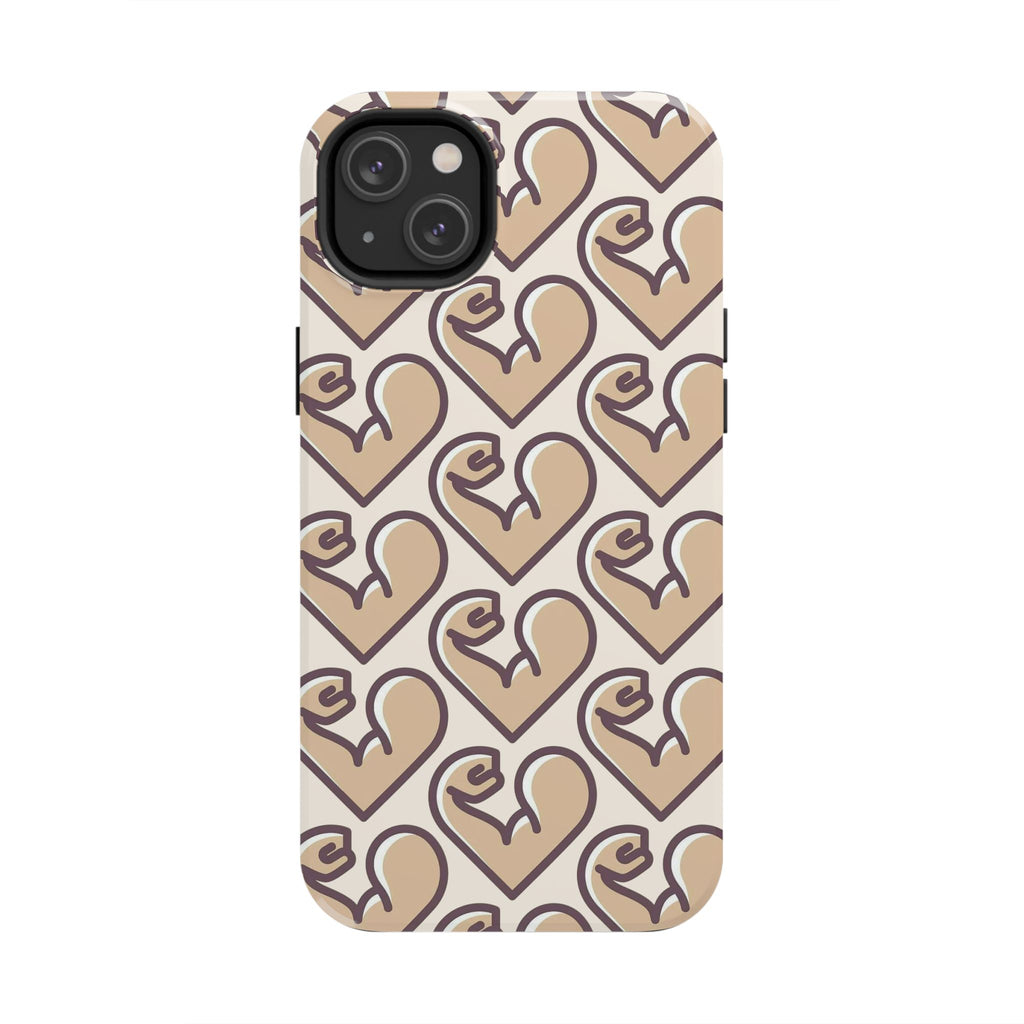 Beige Heart Pattern Tough Phone Case – Cute Retro Love Design, Protective iPhone Cover