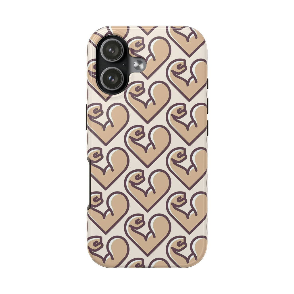 Beige Heart Pattern Tough Phone Case – Cute Retro Love Design, Protective iPhone Cover