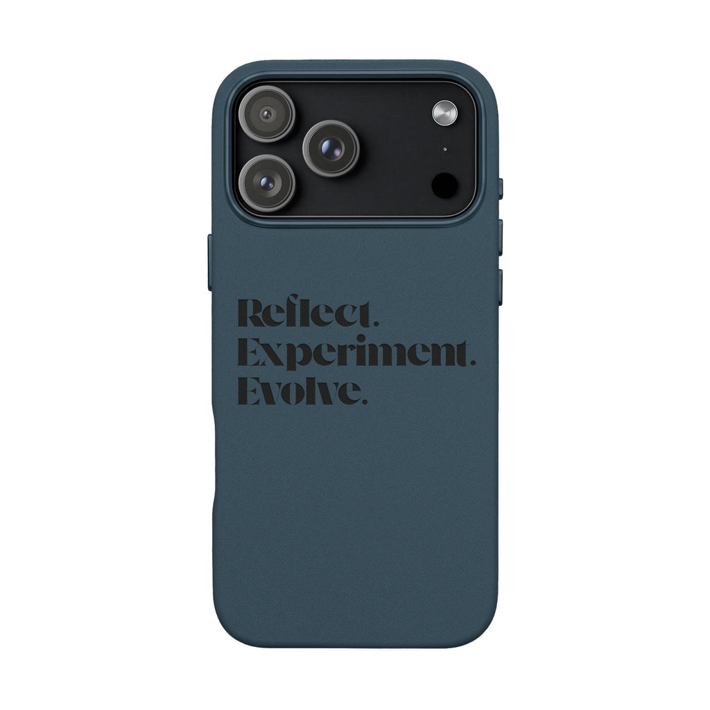 Engraved "Reflect. Experiment. Evolve." Minimalist Brown — PU Leather Phone Case