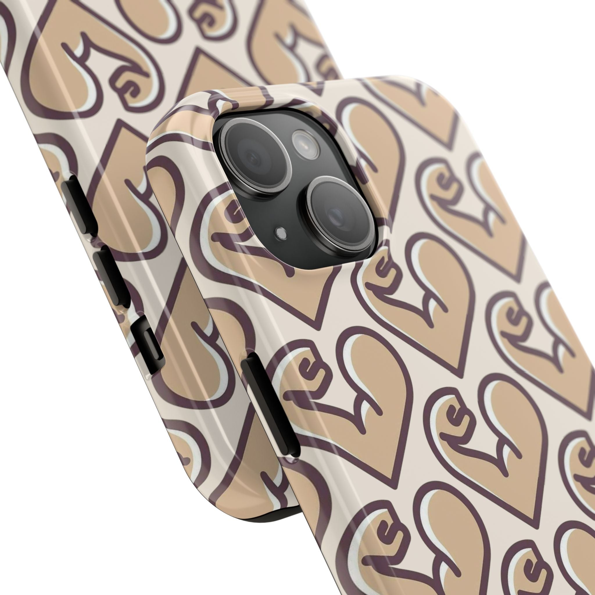 Beige Heart Pattern Tough Phone Case – Cute Retro Love Design, Protective iPhone Cover