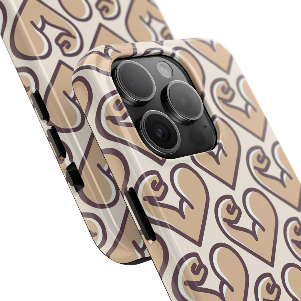 Beige Heart Pattern Tough Phone Case – Cute Retro Love Design, Protective iPhone Cover