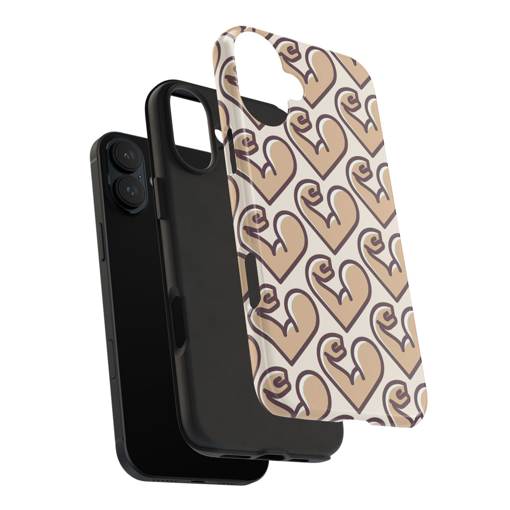 Beige Heart Pattern Tough Phone Case – Cute Retro Love Design, Protective iPhone Cover