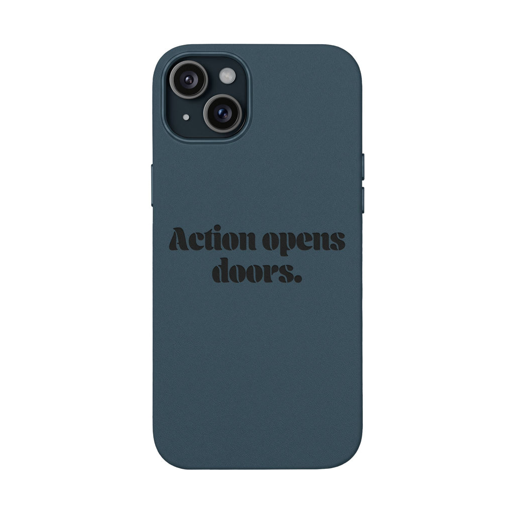"Action Opens Doors." Motivational Brown—Engraved PU Leather Phone Case