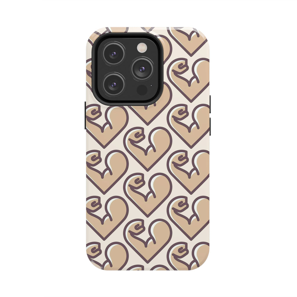 Beige Heart Pattern Tough Phone Case – Cute Retro Love Design, Protective iPhone Cover