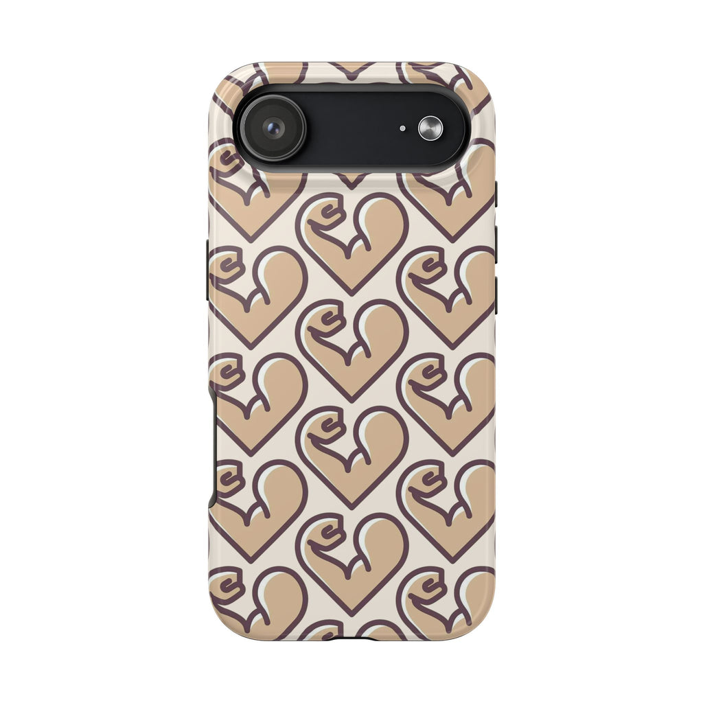 Beige Heart Pattern Tough Phone Case – Cute Retro Love Design, Protective iPhone Cover