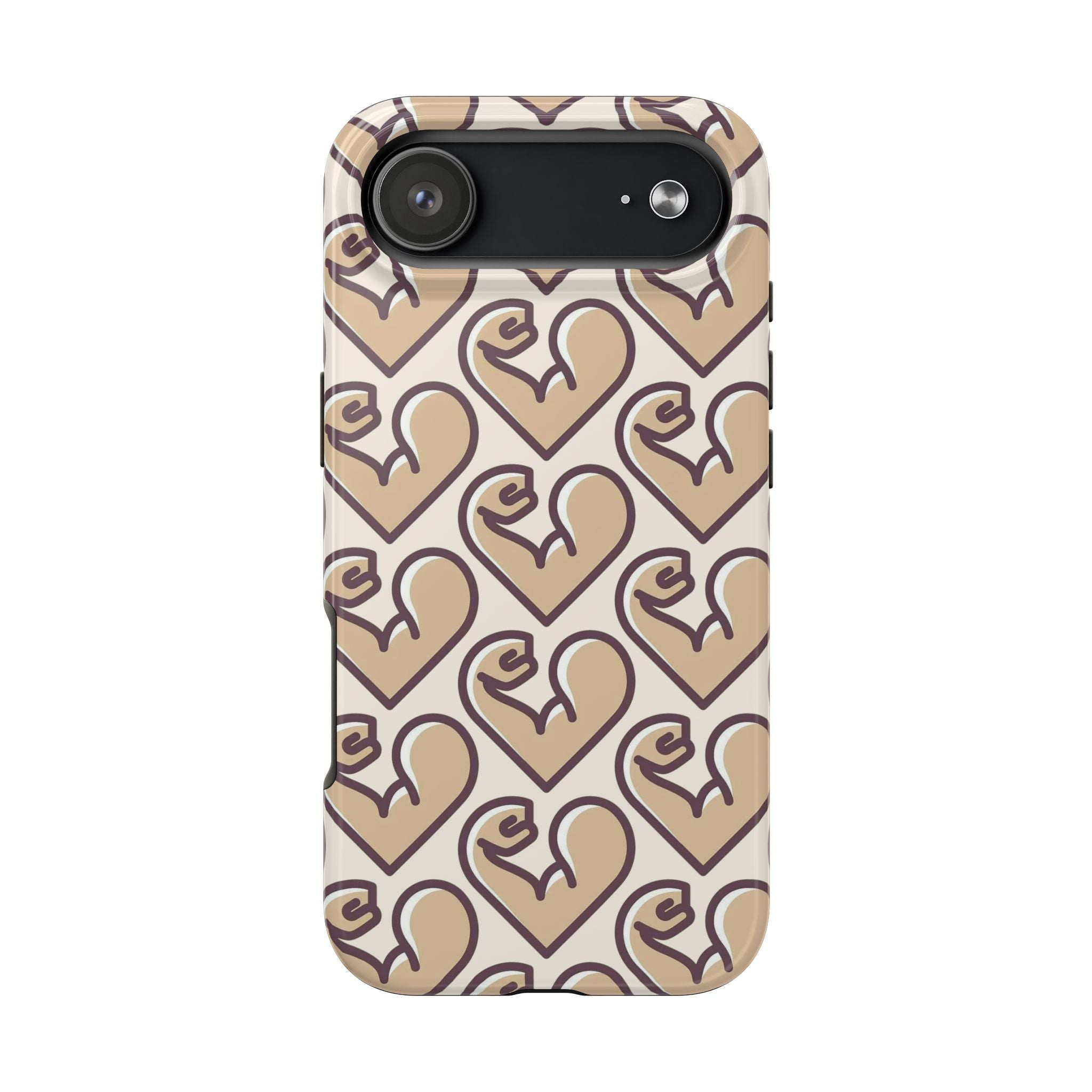 Beige Heart Pattern Tough Phone Case – Cute Retro Love Design, Protective iPhone Cover