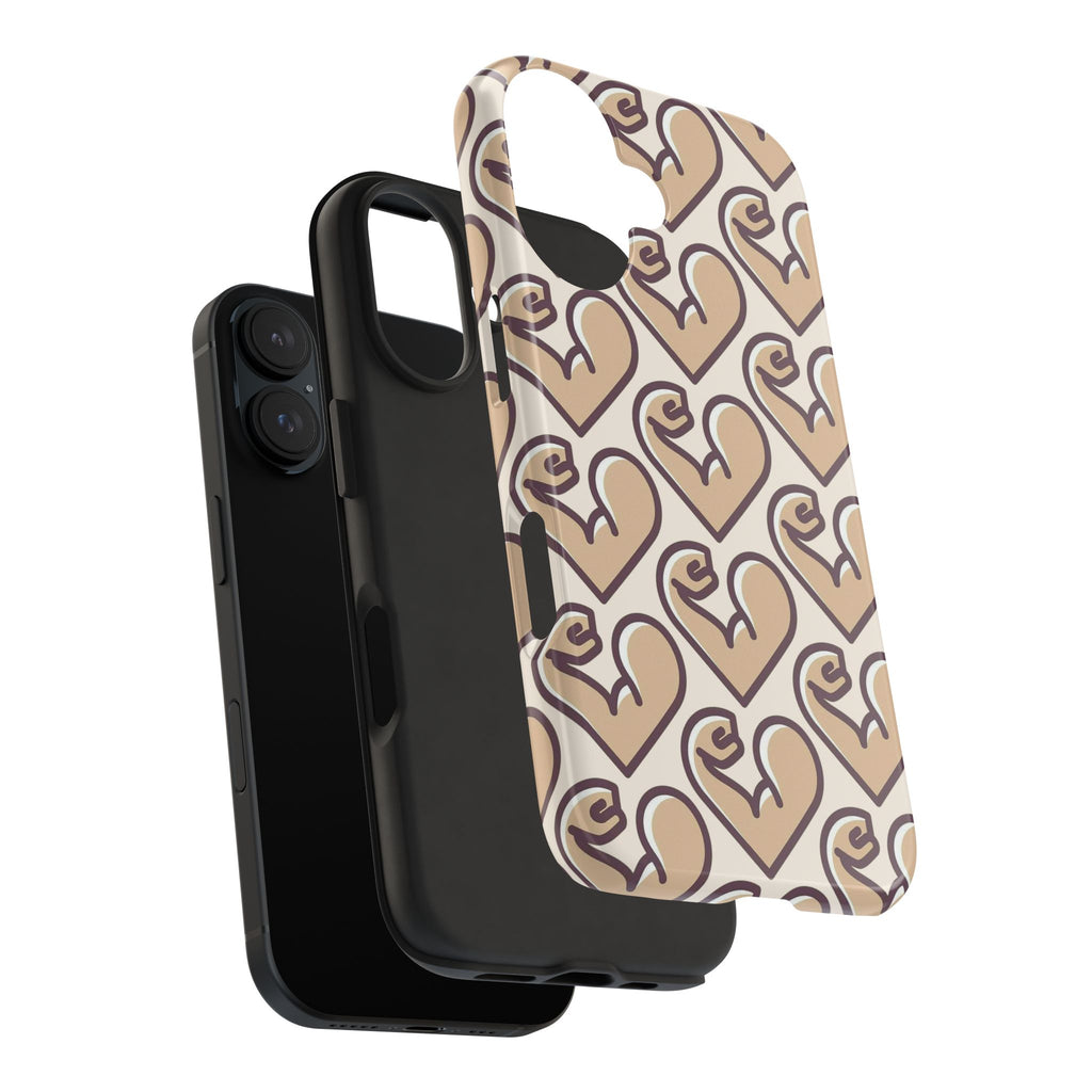 Beige Heart Pattern Tough Phone Case – Cute Retro Love Design, Protective iPhone Cover