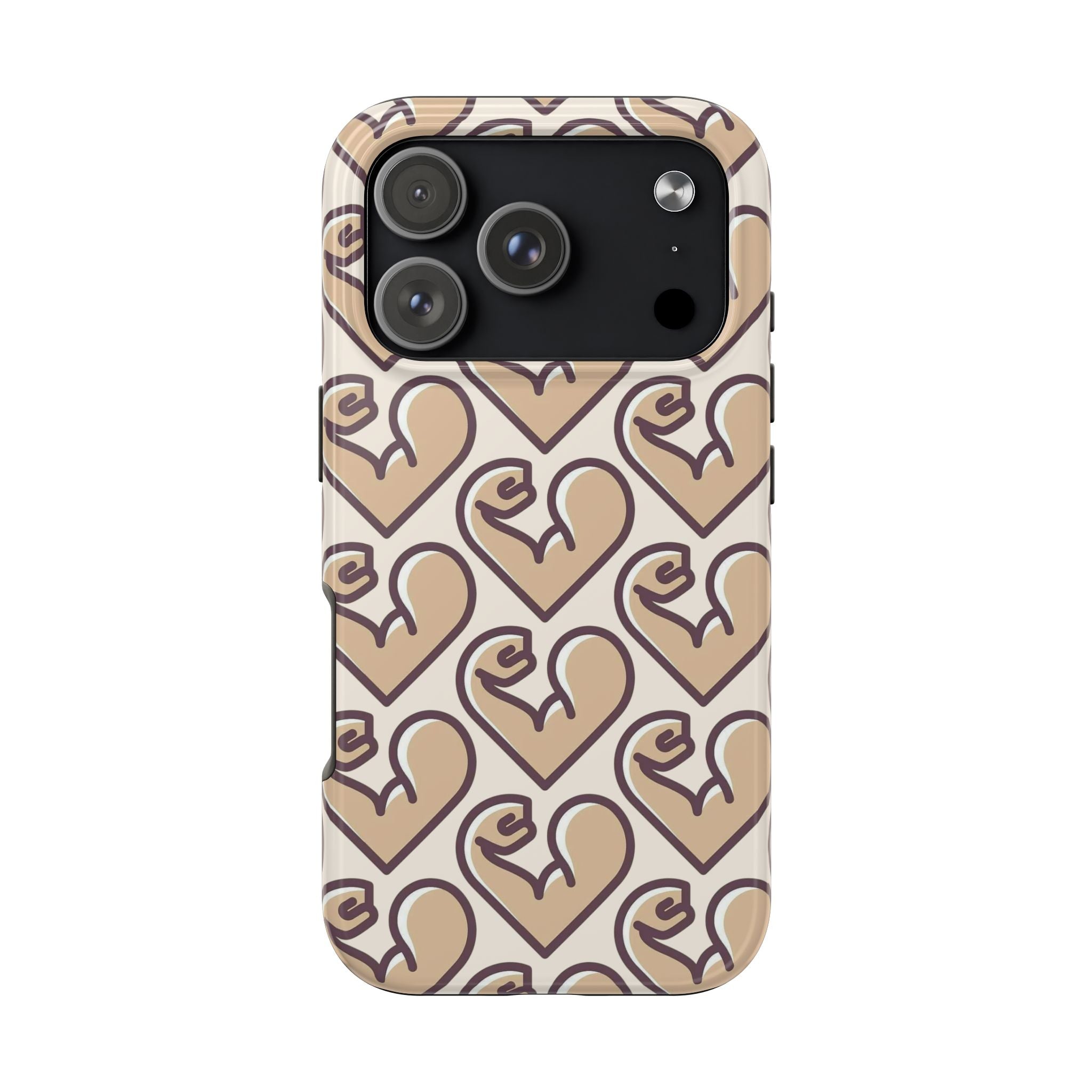 Beige Heart Pattern Tough Phone Case – Cute Retro Love Design, Protective iPhone Cover