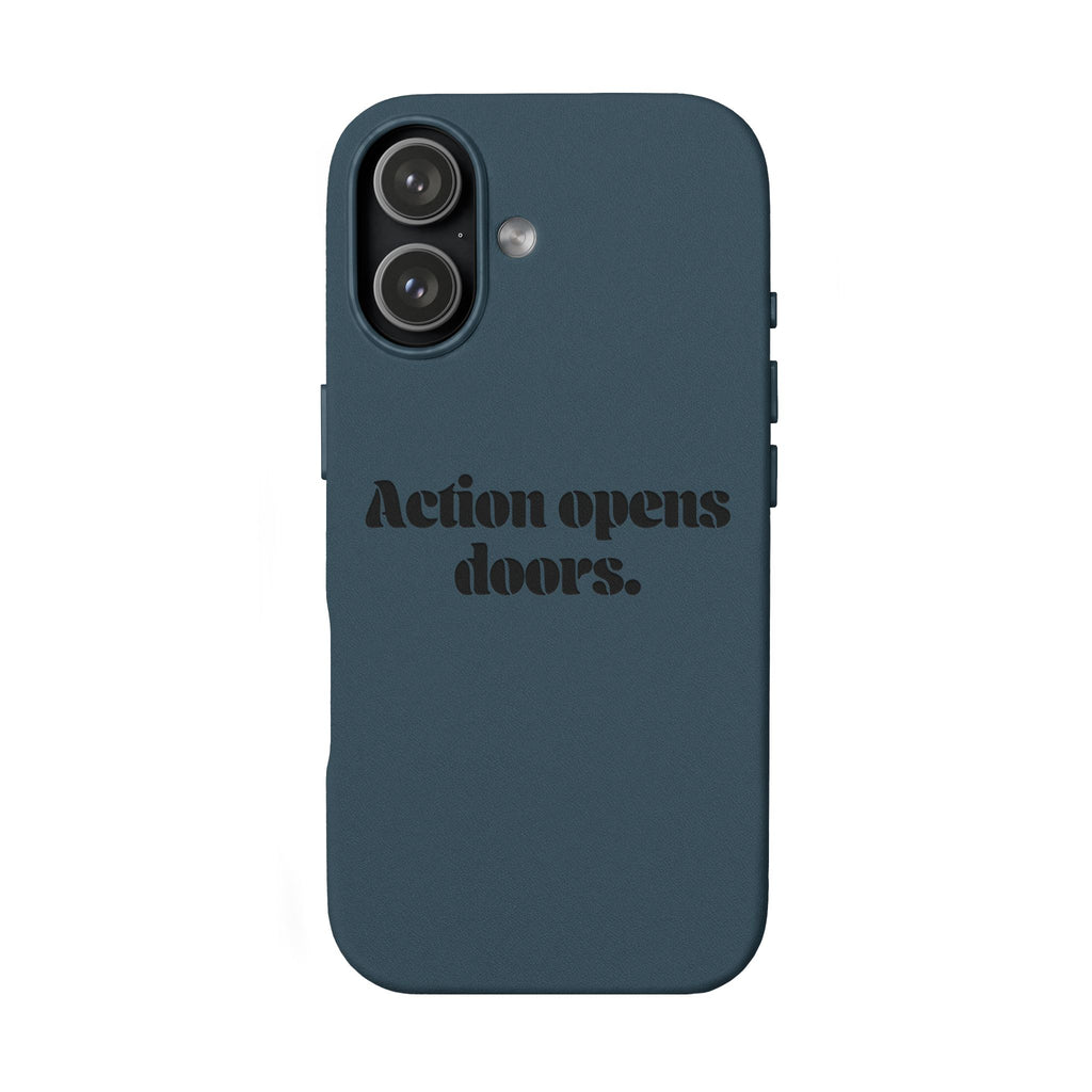 "Action Opens Doors." Motivational Brown—Engraved PU Leather Phone Case