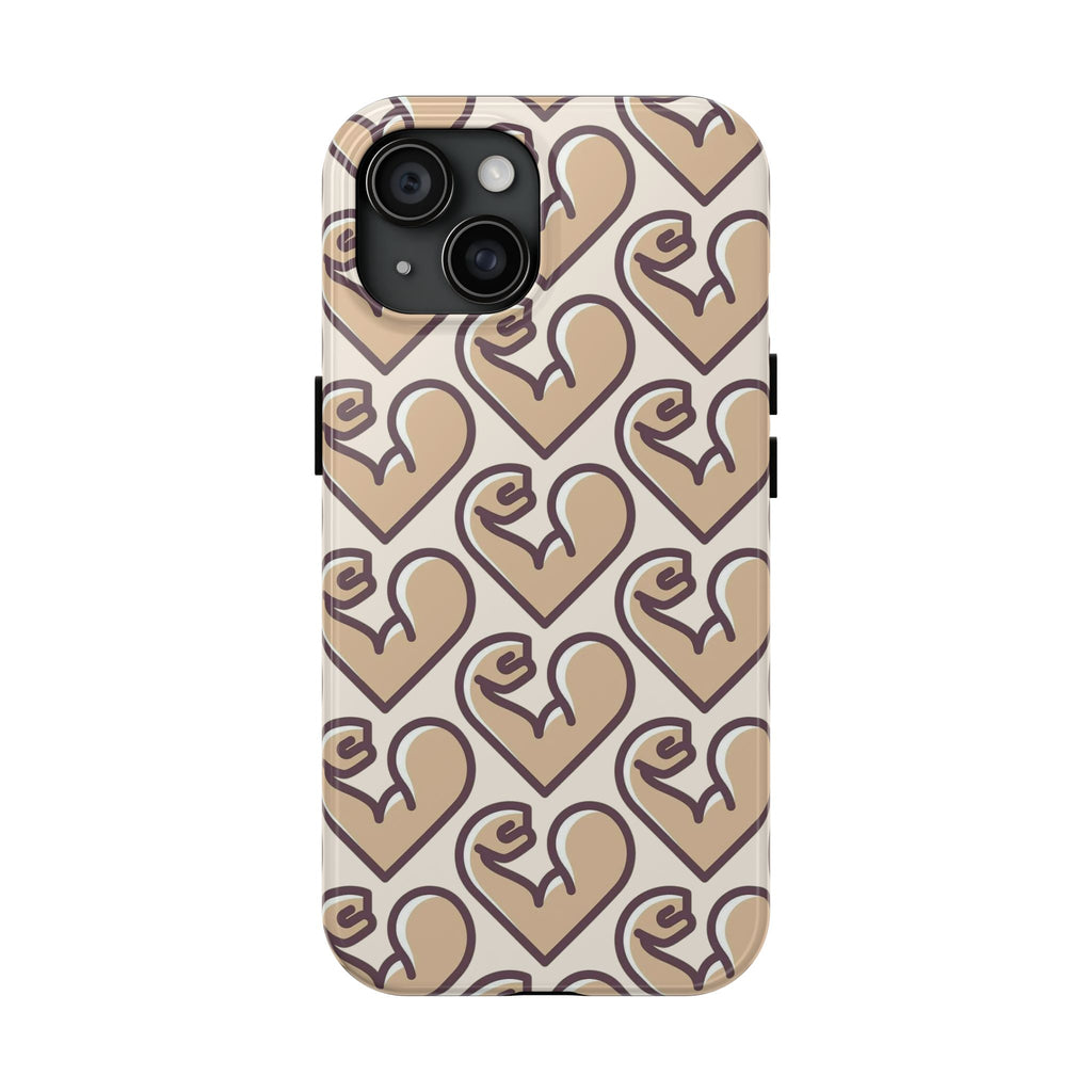 Beige Heart Pattern Tough Phone Case – Cute Retro Love Design, Protective iPhone Cover