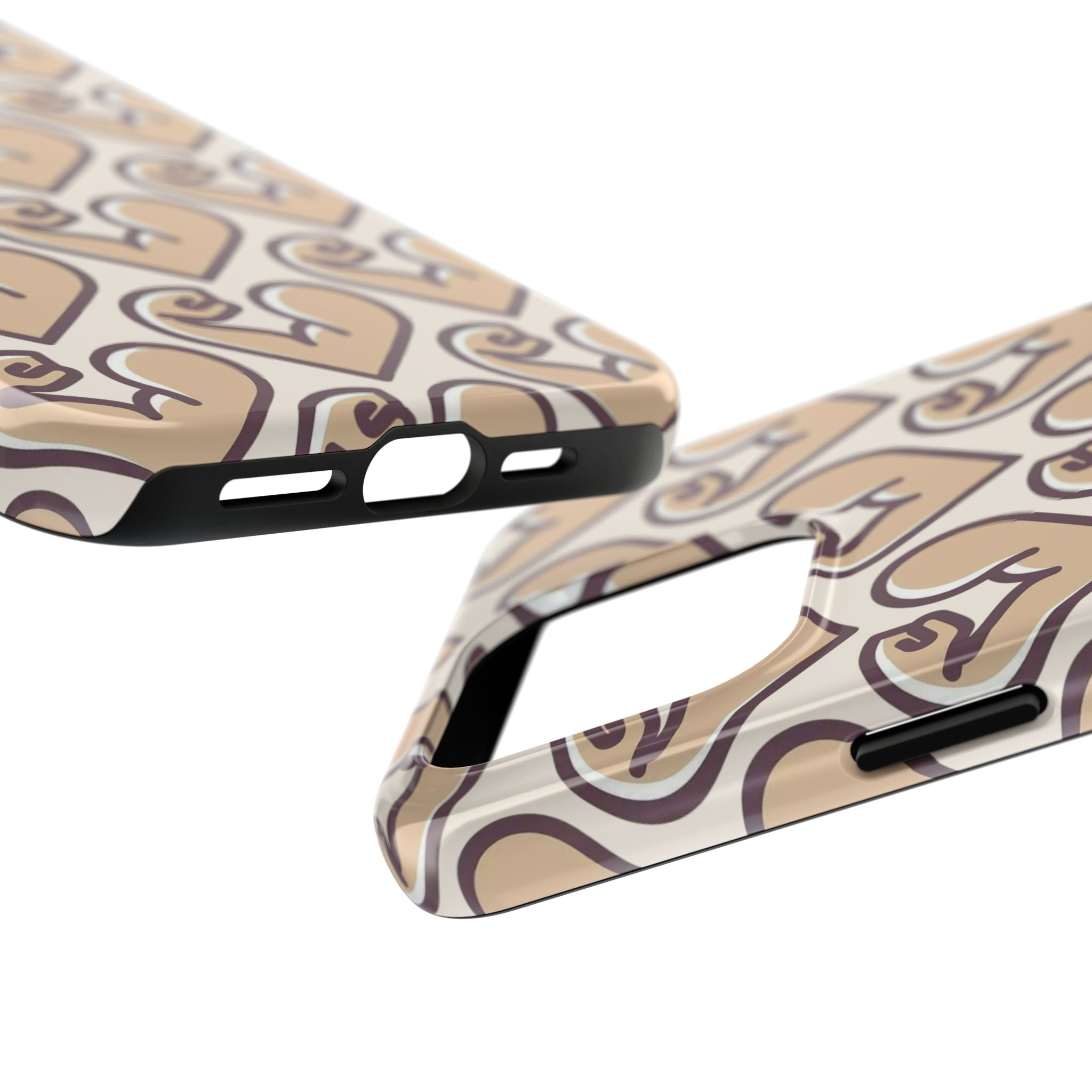 Beige Heart Pattern Tough Phone Case – Cute Retro Love Design, Protective iPhone Cover