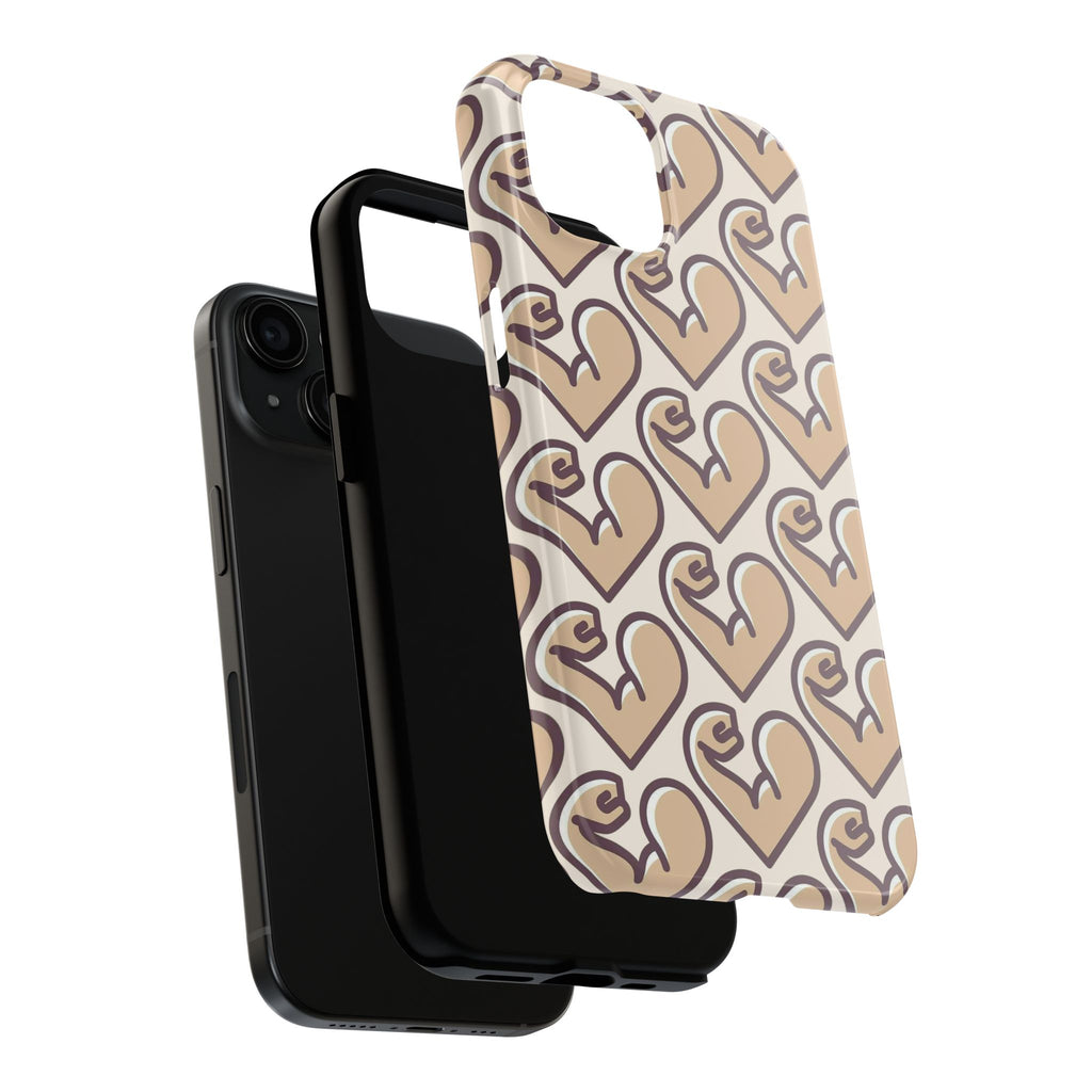 Beige Heart Pattern Tough Phone Case – Cute Retro Love Design, Protective iPhone Cover
