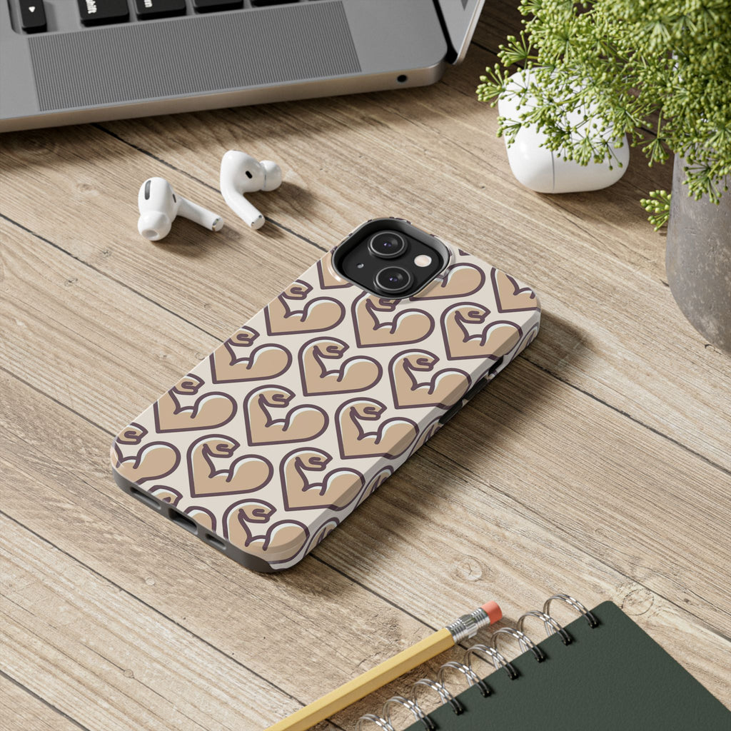 Beige Heart Pattern Tough Phone Case – Cute Retro Love Design, Protective iPhone Cover