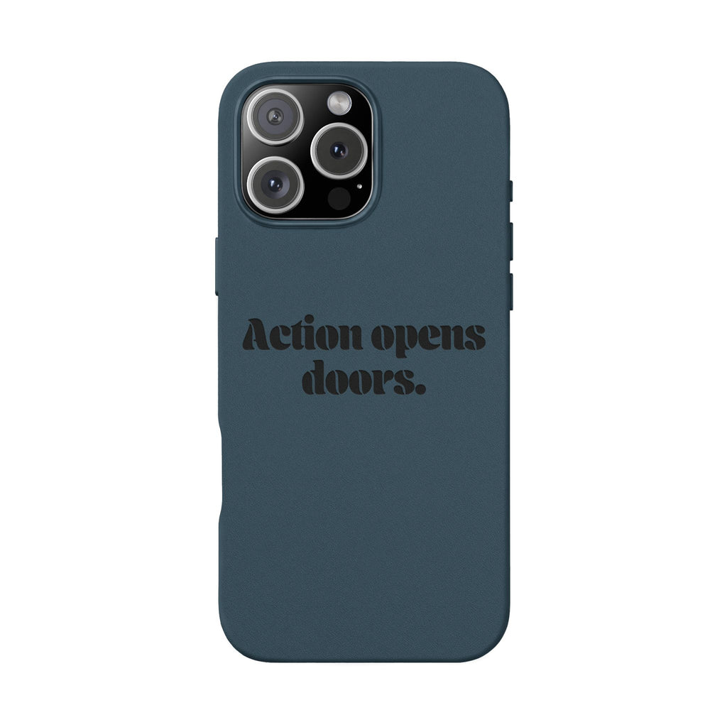 "Action Opens Doors." Motivational Brown—Engraved PU Leather Phone Case