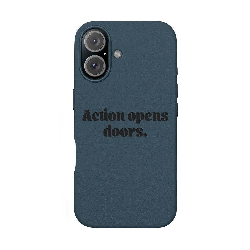 "Action Opens Doors." Motivational Brown—Engraved PU Leather Phone Case