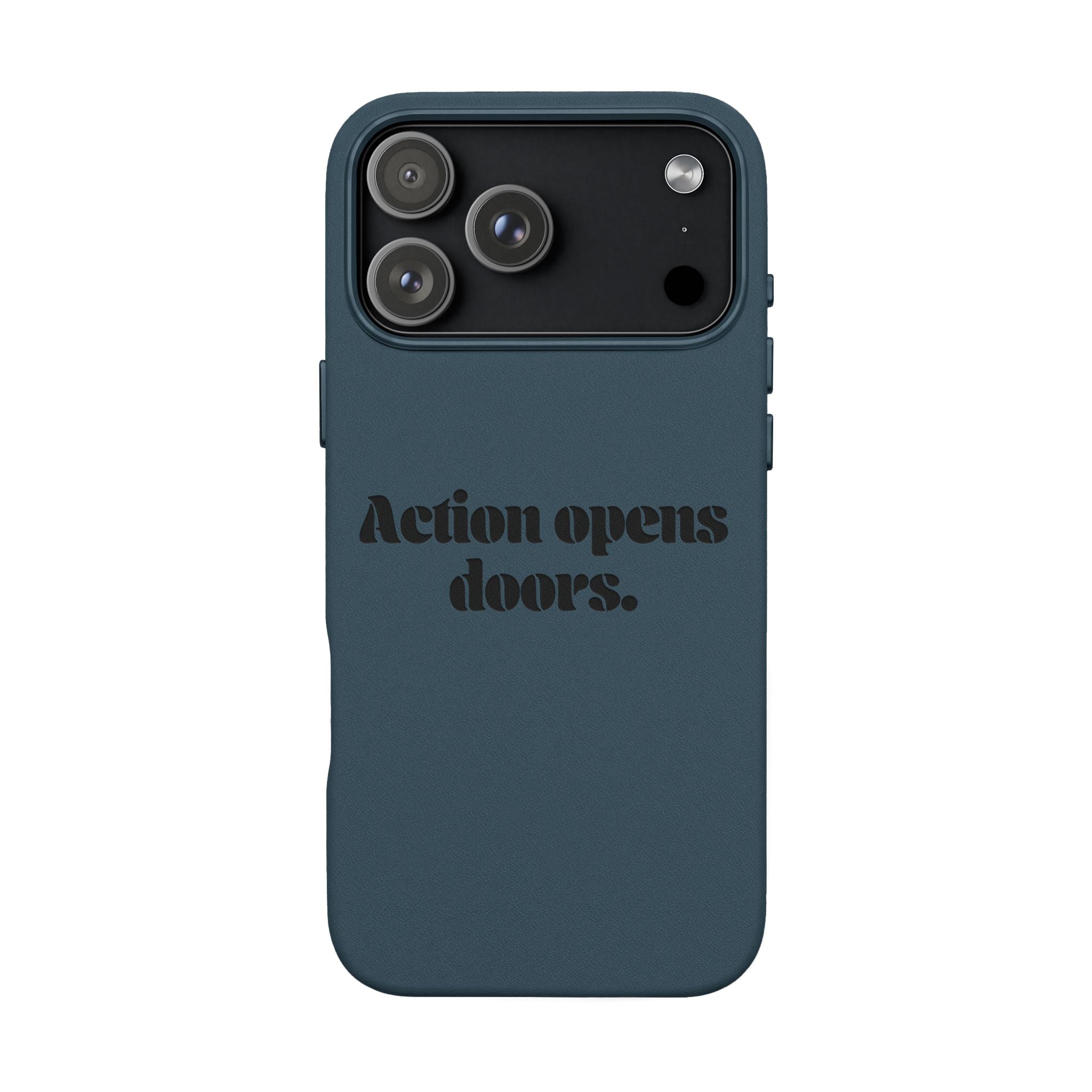"Action Opens Doors." Motivational Brown—Engraved PU Leather Phone Case