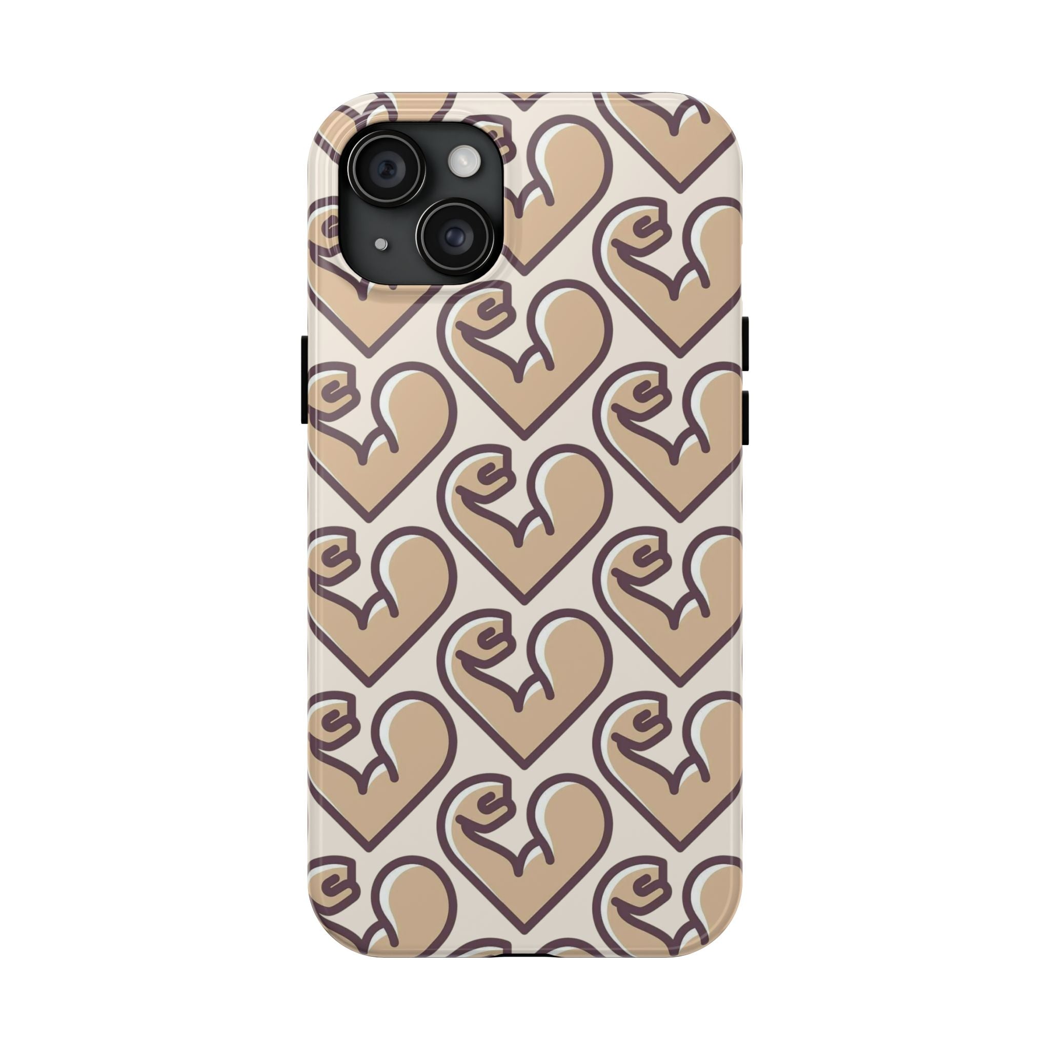 Beige Heart Pattern Tough Phone Case – Cute Retro Love Design, Protective iPhone Cover