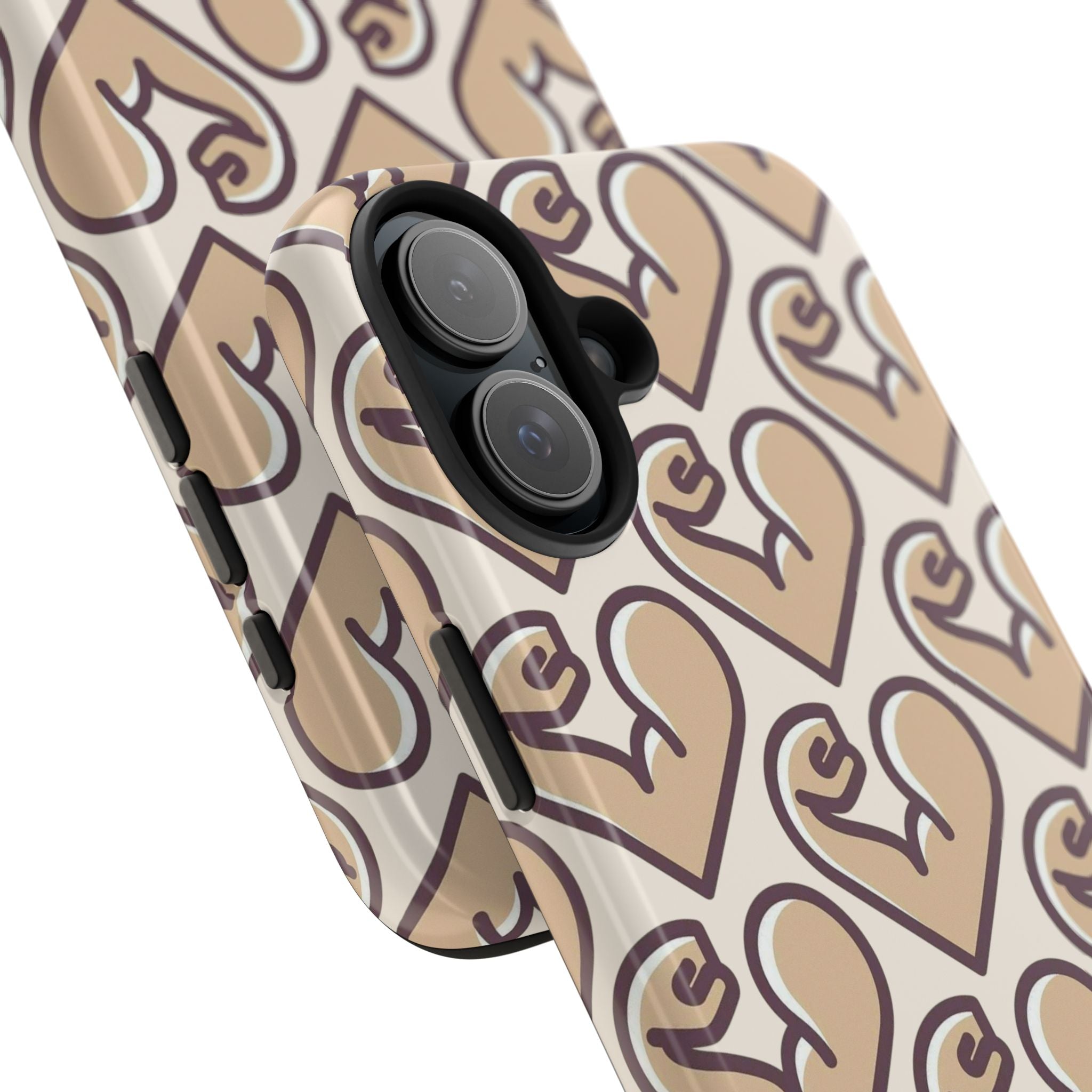 Beige Heart Pattern Tough Phone Case – Cute Retro Love Design, Protective iPhone Cover