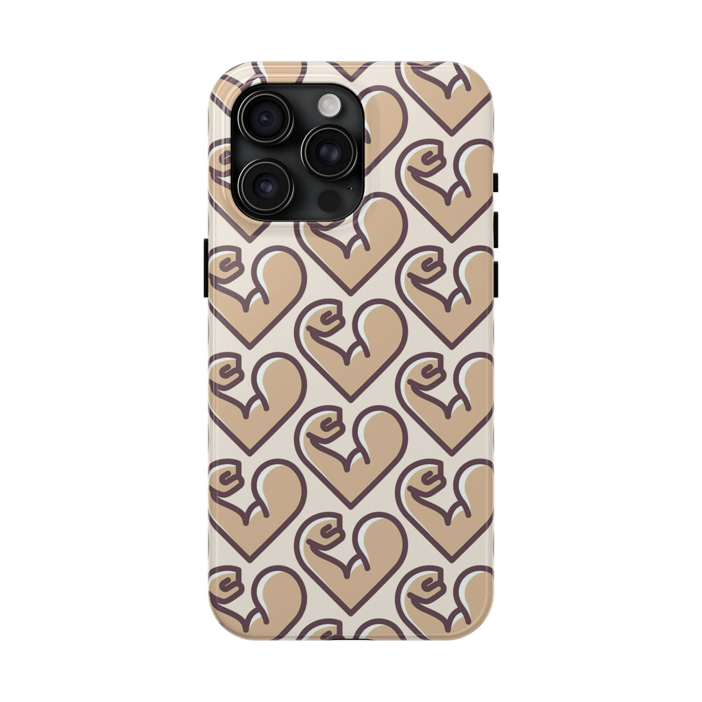 Beige Heart Pattern Tough Phone Case – Cute Retro Love Design, Protective iPhone Cover
