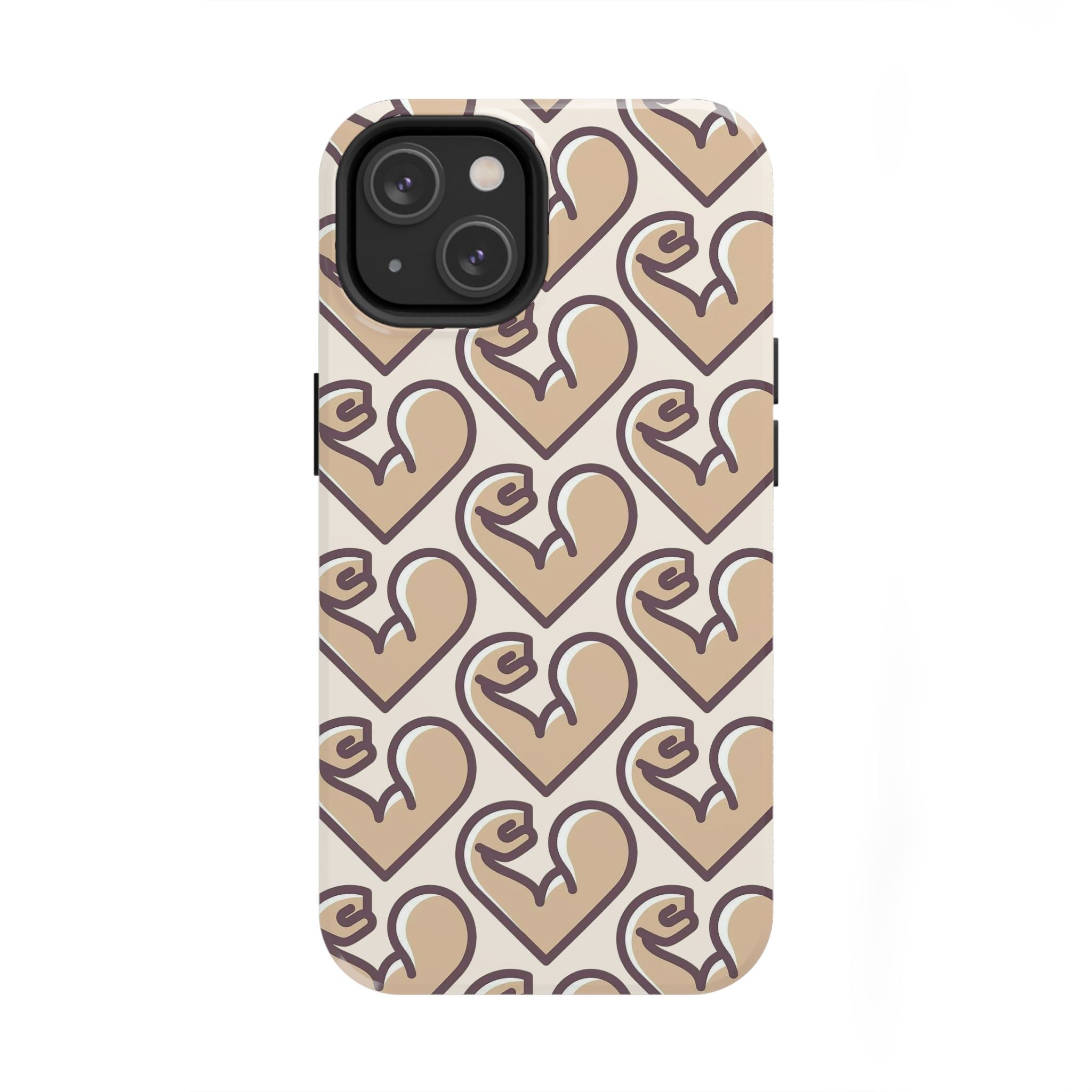Beige Heart Pattern Tough Phone Case – Cute Retro Love Design, Protective iPhone Cover
