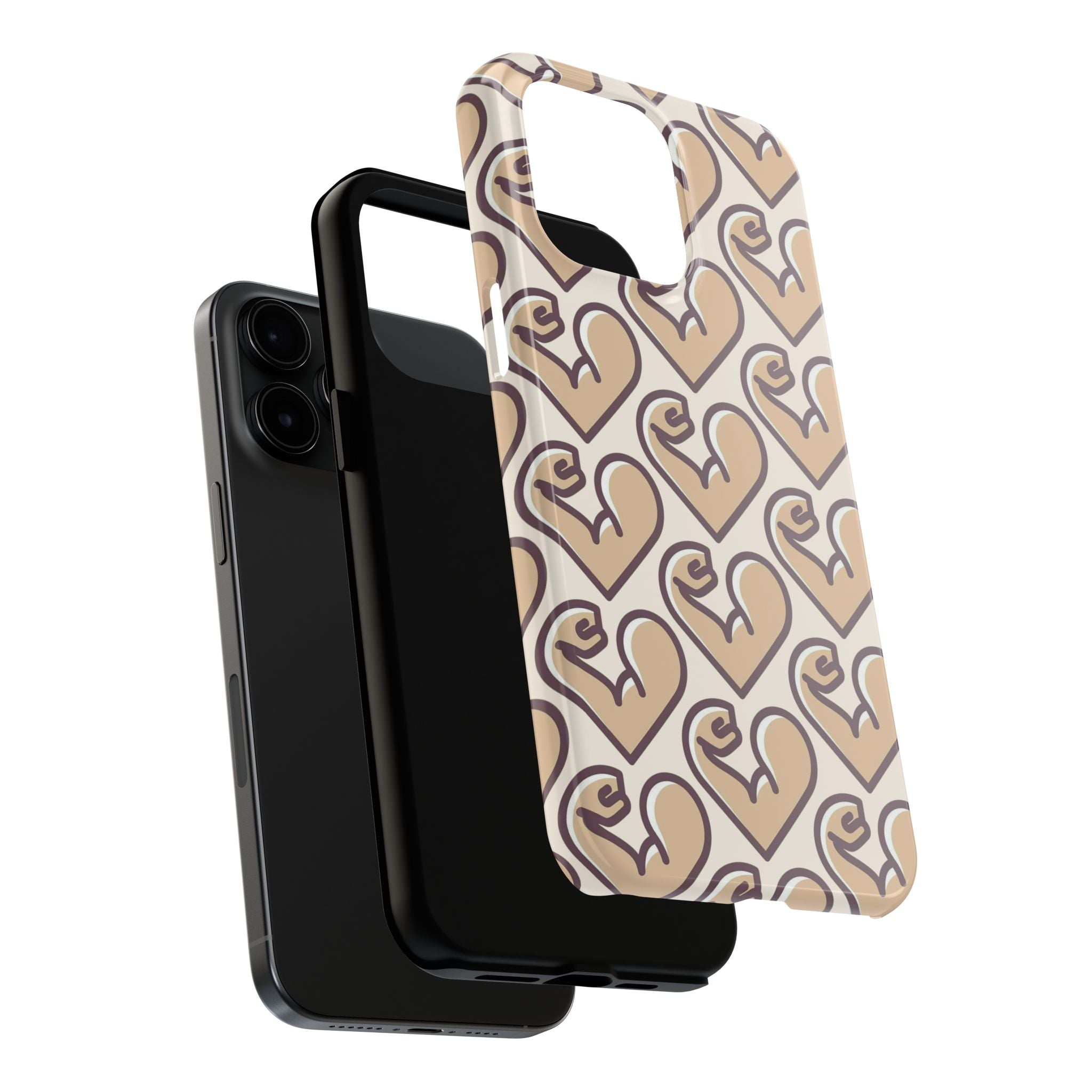 Beige Heart Pattern Tough Phone Case – Cute Retro Love Design, Protective iPhone Cover