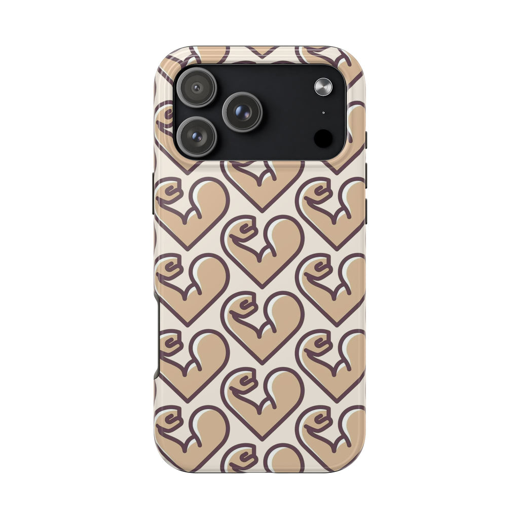 Beige Heart Pattern Tough Phone Case – Cute Retro Love Design, Protective iPhone Cover