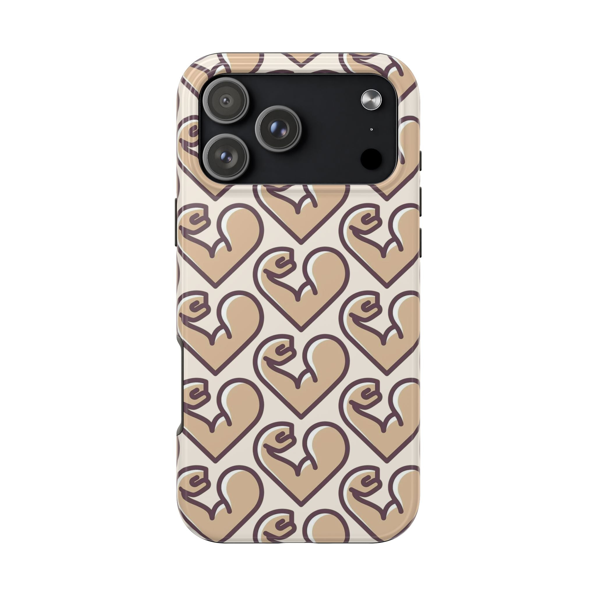 Beige Heart Pattern Tough Phone Case – Cute Retro Love Design, Protective iPhone Cover