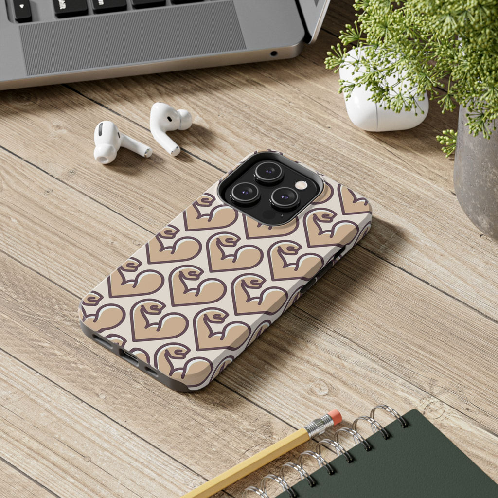Beige Heart Pattern Tough Phone Case – Cute Retro Love Design, Protective iPhone Cover