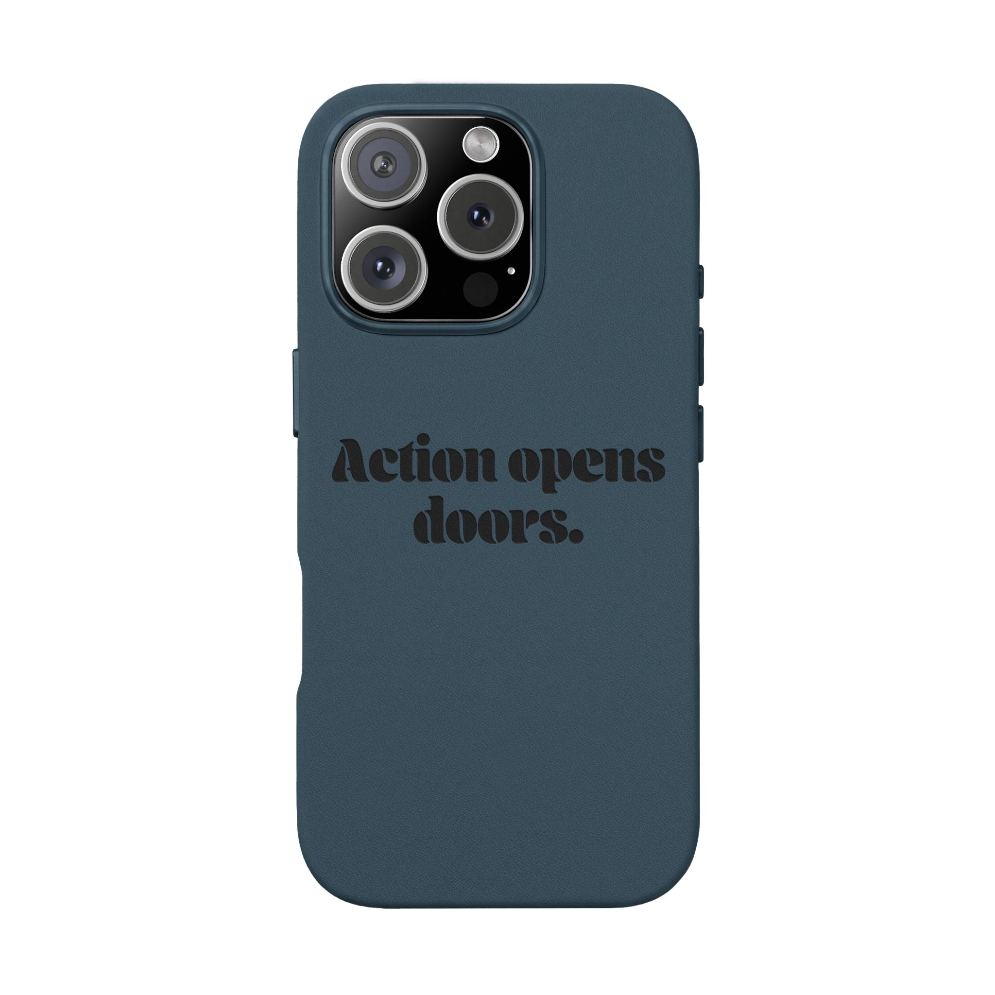 "Action Opens Doors." Motivational Brown—Engraved PU Leather Phone Case