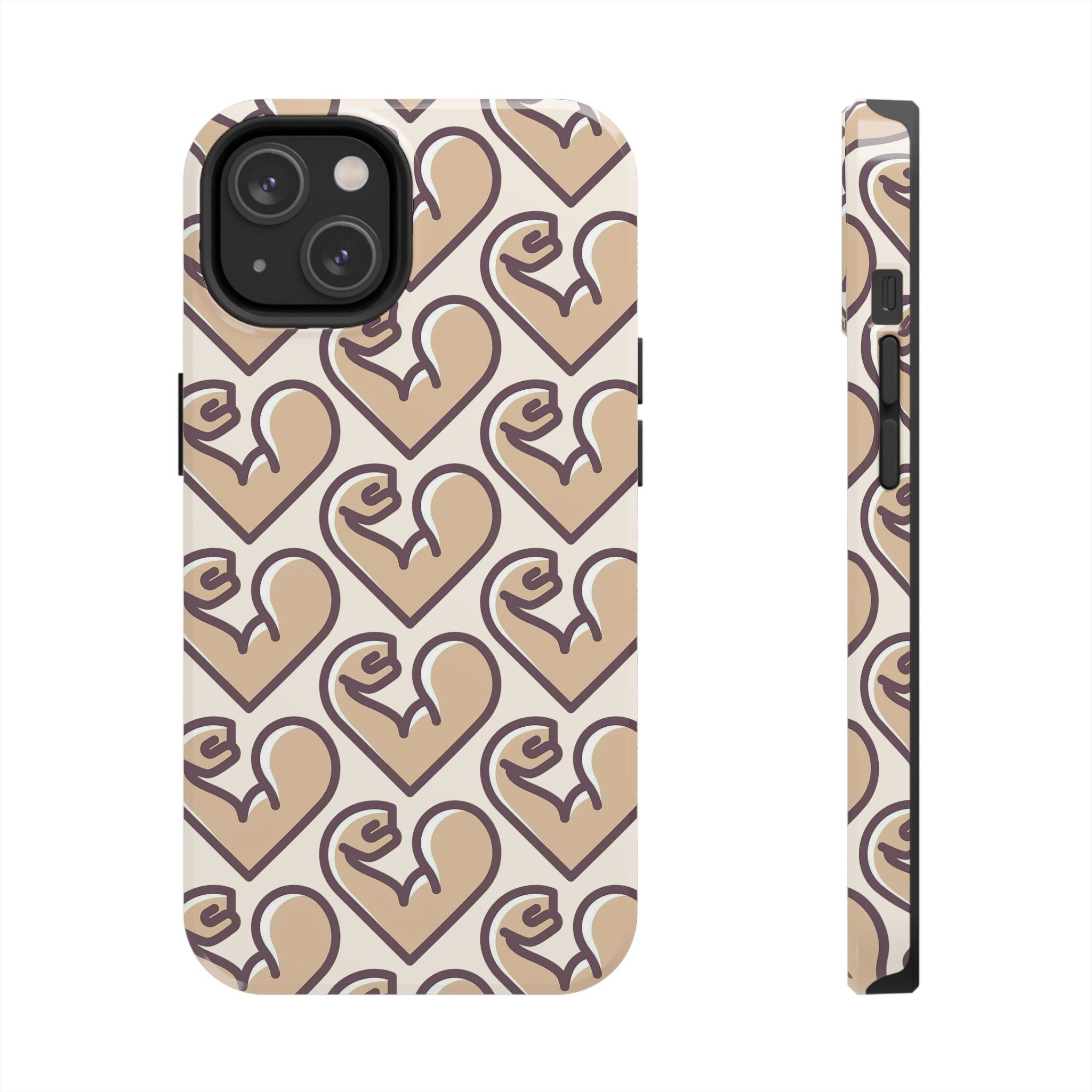 Beige Heart Pattern Tough Phone Case – Cute Retro Love Design, Protective iPhone Cover