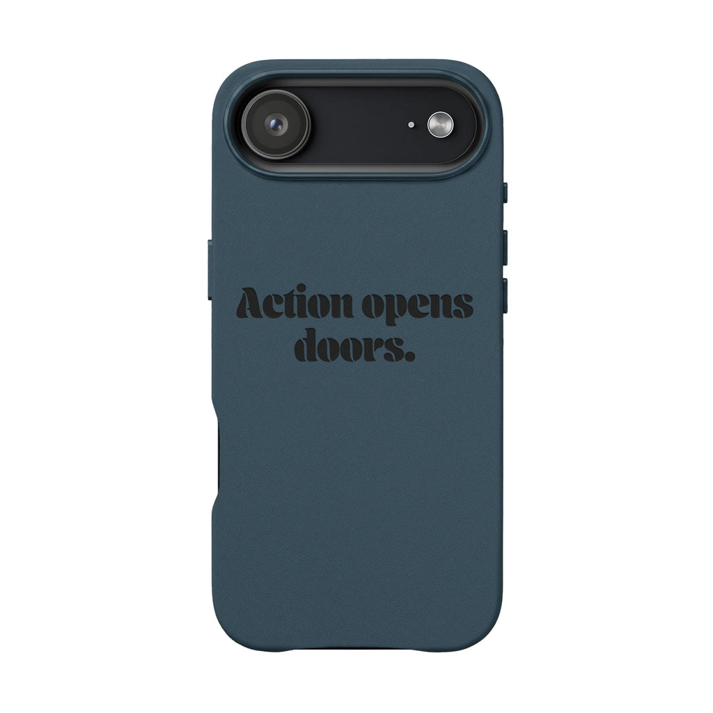 "Action Opens Doors." Motivational Brown—Engraved PU Leather Phone Case