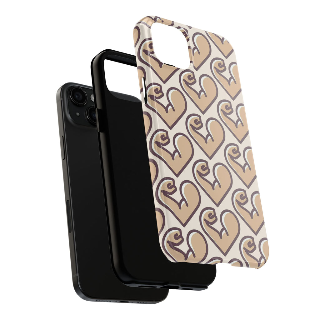 Beige Heart Pattern Tough Phone Case – Cute Retro Love Design, Protective iPhone Cover